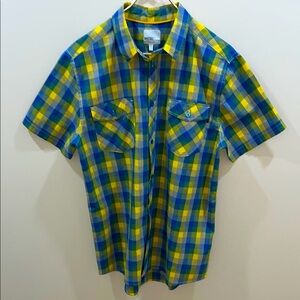 WESC Men's Blue and Yellow Checkered Short Sleeve Button Down. Large.